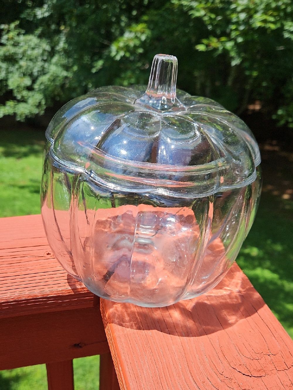 Vintage Anchor Hocking 70 Oz Clear Pumpkin Glass Candy Jar with Lid 8"